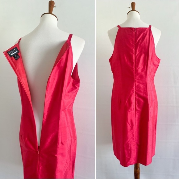 Deadstock 90s 100% Silk Square Neck Watermelon Pink Summer Midi Dress - Picture 3 of 5